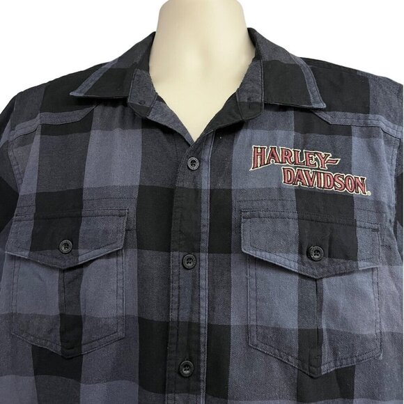 Harley Davidson Mechanic Garage Plaid Gray Black Button Up Shirt Large Pockets - Picture 4 of 8